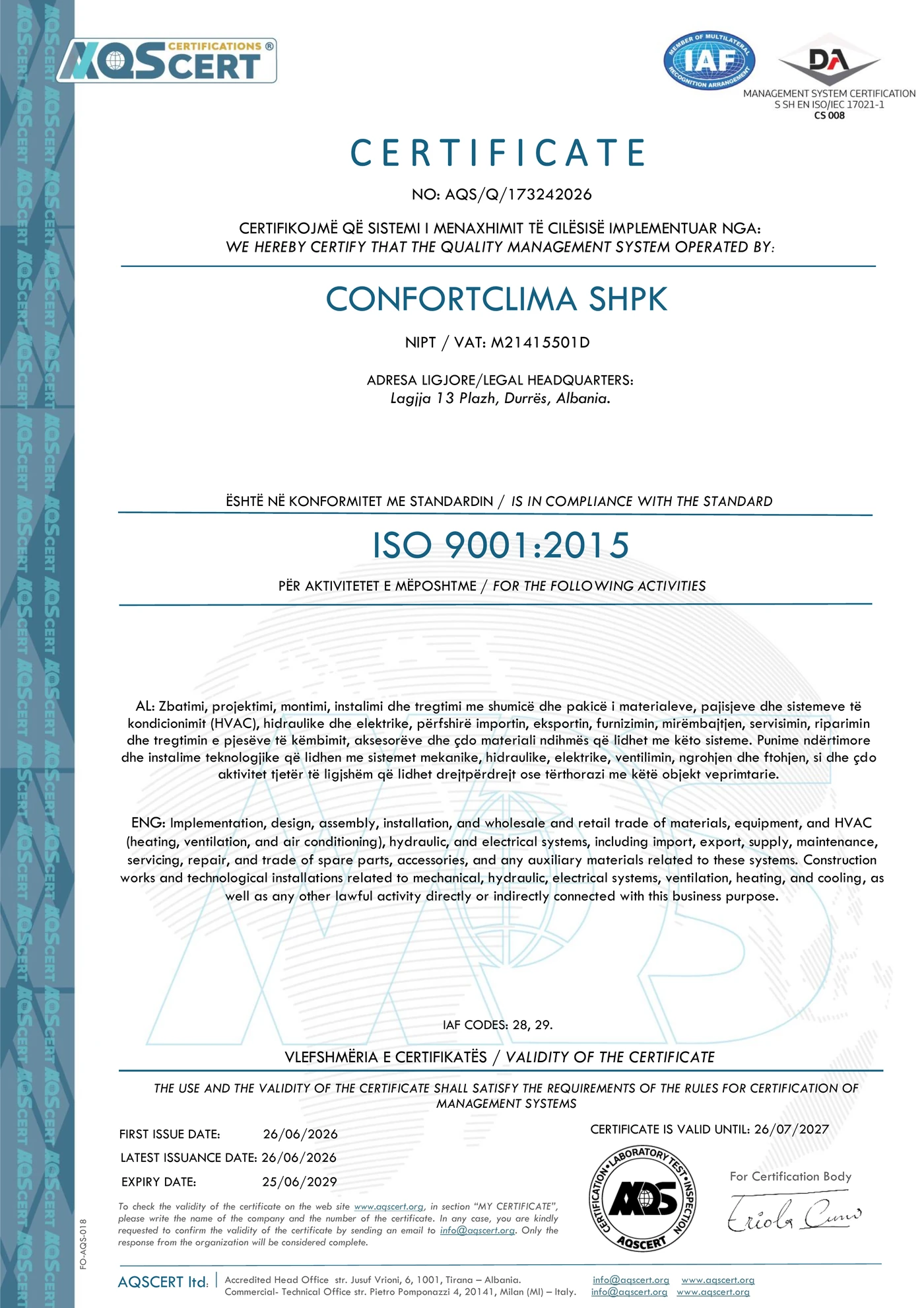 ISO 9001:2015 Certificate No. AQS/Q/173242026, issued by AQSCERT